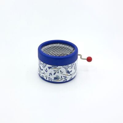 Round manual music box decorated with a singing birds patter Blue