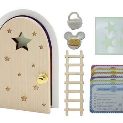 Qué Kawaii® Kit ratoncito Pérez MÁGICO. PUERTA QUE ABRE Y BRILLA EN LA OSCURIDAD!!!.. Puerta y escalera de madera para pintar y personalizar+bolsita de crochet+Plato+Quesito+estrellas+6 certificados