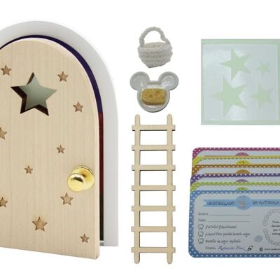 What a Kawaii® MAGICAL tooth fairy kit. DOOR THAT OPENS AND SHINES IN THE DARK!!!... Wooden door and ladder to paint and personalize+crochet bag+Plate+Quesito+stars+6 certificates