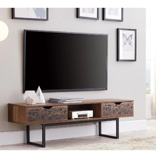 Meuble TV 2 tiroirs et une niche décor bois et motifs noir L140 cm - Anaëlle