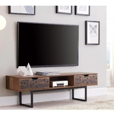 Mueble de televisión con 2 cajones y nicho en decoración de madera y motivos negros L140 cm - Anaëlle