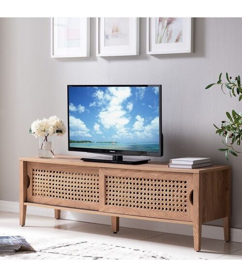 Meuble TV avec 2 Portes Coulissantes Décor Rotin - L138 cm