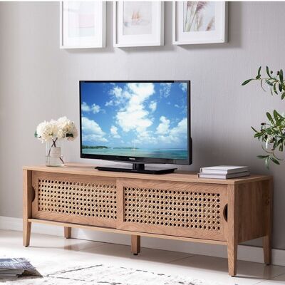 Mueble TV con 2 Puertas Correderas Decoración Rattan - L138 cm