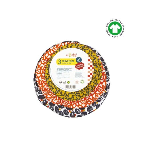 Charlottes alimentaires 
Recouvre plat en coton bio - Gamme "graines" - Lot de 3 Ø15,17,19 cm