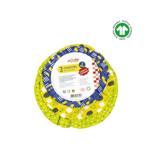Charlottes alimentaires
Recouvre plat en coton bio - Gamme "Jardin"- Lot 3 Ø15,17,19 cm