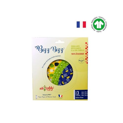 Bee wraps ronds en coton bio - Sachet de 3 (S-M-L) "Jardin"