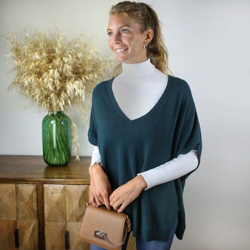 Pull poncho vert en laine et cachemire