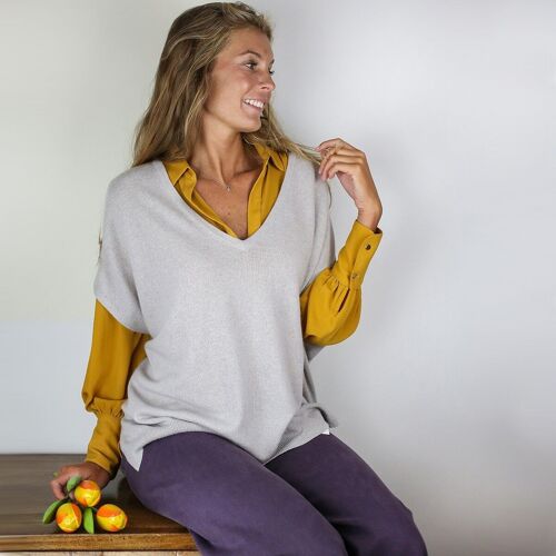 Pull poncho perle cendré en laine et cachemire