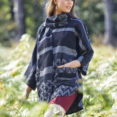 Cowl Neck Patterned Women's Poncho Dark Blue