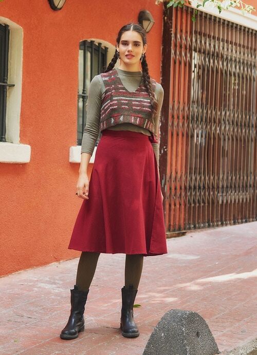 Maroon Flannel Midi Wrap Skirt