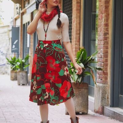 Gonna longuette Boho rossa con stampa floreale