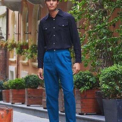 Pantalon en Coton Pétrole Taille Haute Style Boho pour Homme