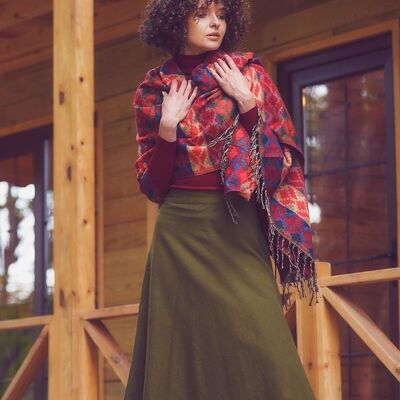 Green Flannel Midi Wrap Skirt