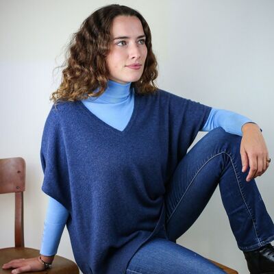 Denim blue wool and cashmere poncho sweater