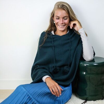 Green wool and cashmere hooded poncho