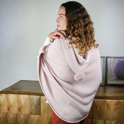Powder pink wool and cashmere hooded poncho