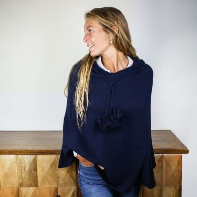 Poncho con cappuccio in lana e cashmere con paillettes blu notte