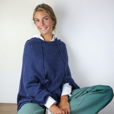 Denim blue hooded poncho in wool and cashmere
