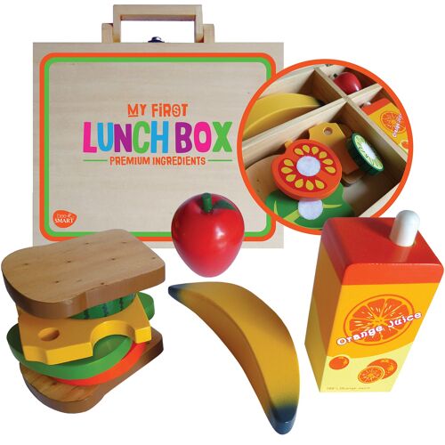 WOODEN LUNCH PRETEND FOOD SET WITH ACCESSORIES & WOODEN BOX