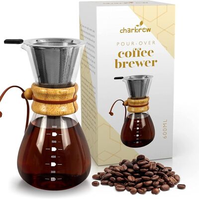 Borosilicate Glass Pour Over Coffee Brewer by Charbrew - 600ml With Removable Strainer And Wooden Grip