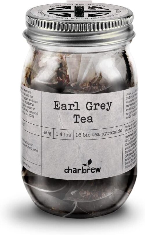 Earl Grey Tea Mason Jar by Charbrew - 16 Biodegradable Pyramid Tea bags in Reusable Glass Mason Jar