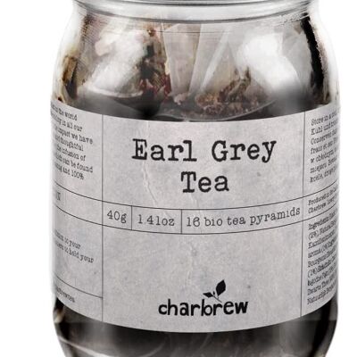 Tarro de té Earl Grey de Charbrew - 16 bolsitas de té piramidales biodegradables en tarro de cristal reutilizable