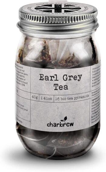 Earl Grey Tea Mason Jar par Charbrew - 16 sachets de thé pyramide biodégradables dans un bocal Mason en verre réutilisable 1