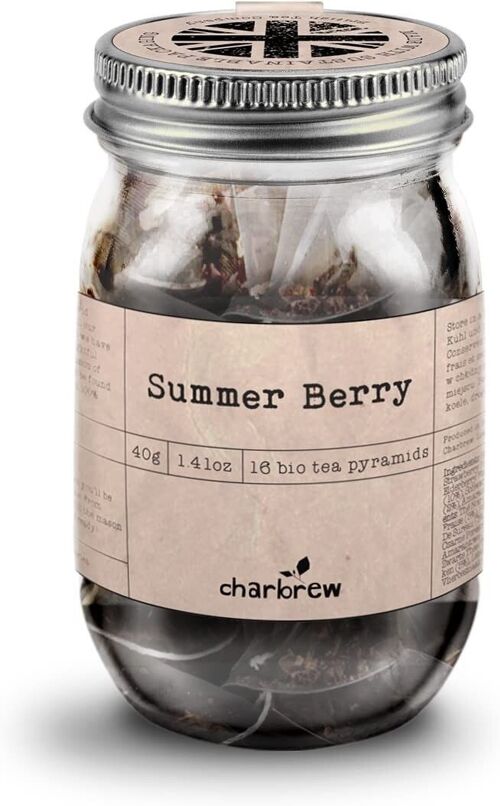 Summer Berry Tea Mason Jar by Charbrew - 16 Biodegradable Pyramid Tea bags in Reusable Glass Mason Jar
