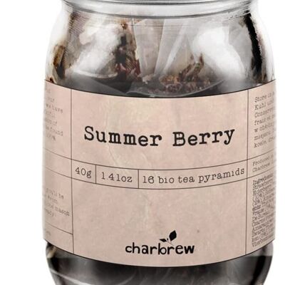 Bocal Mason Summer Berry Tea par Charbrew - 16 sachets de thé pyramidaux biodégradables dans un bocal Mason en verre réutilisable