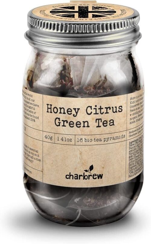 Honey Citrus Green Tea Mason Jar by Charbrew- 16 Biodegradable Pyramid Tea bags in Reusable Glass Mason Jar