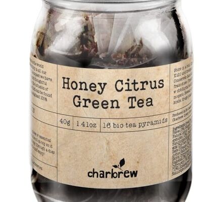 Bocal à thé vert miel et agrumes par Charbrew - 16 sachets de thé pyramide biodégradables dans un bocal en verre réutilisable