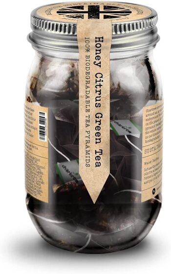 Bocal à thé vert miel et agrumes par Charbrew - 16 sachets de thé pyramide biodégradables dans un bocal en verre réutilisable 2