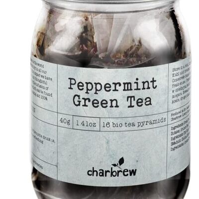 Barattolo di tè verde alla menta di Charbrew - 16 bustine di tè piramidali biodegradabili in barattolo di vetro riutilizzabile