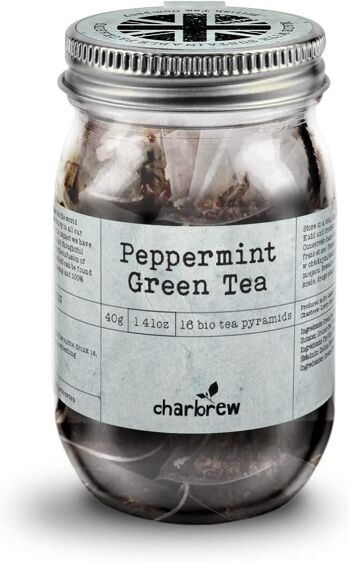 Charbrew Green Tea Mason Jar par Charbrew - 16 sachets de thé pyramide biodégradables dans un bocal Mason en verre réutilisable 1
