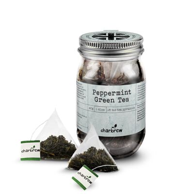 Tarro de té verde menta de Charbrew - 16 bolsitas de té piramidales biodegradables en tarro de cristal reutilizable