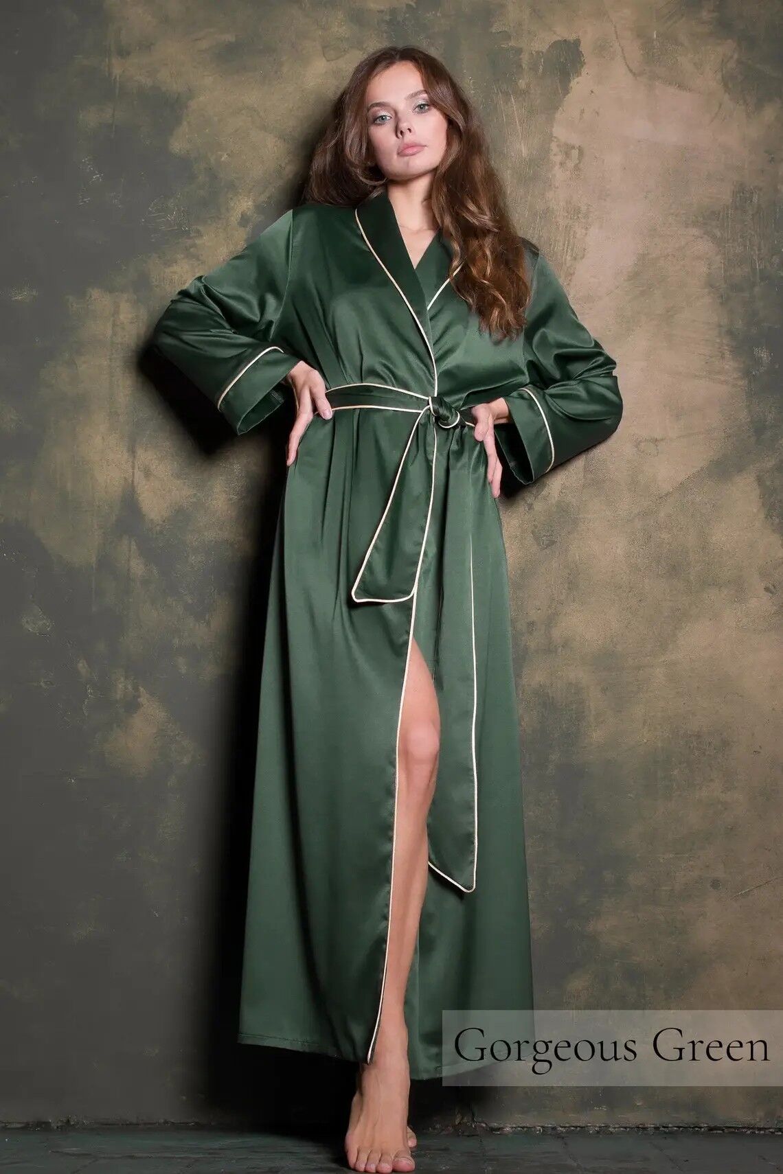 Emerald green silk dressing sales gown