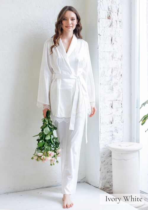 Satin Pajama Set with Lace Bridesmaid Silk Pyjamas for Women