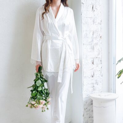 Satin Pajama Set with Lace Bridesmaid Silk Pyjamas for Women