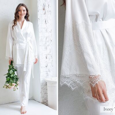 Silk Pajama Set with Lace Bridesmaid Satin Pyjamas for Women