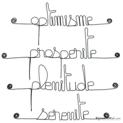 Decoración de pared para alfiler - Conjunto de pequeñas palabras en alambre - POSITIVO: Optimismo, Plenitud, Prosperidad, Serenidad - Joyería de pared
