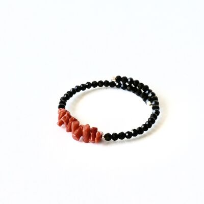 Bracelet en argent corail et onyx noir. Ajustable, argent 925. S'orienter. Doré. Mariages, invités.