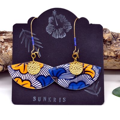 Pendientes de cera abanico estampado étnico boda africana flor amarillo azul y dorado