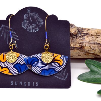 Wax earrings fan ethnic pattern African wedding flower yellow blue and gold