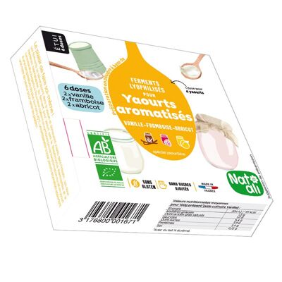 Caja de fermentación para yogures de sabores: vainilla, frambuesa y coco