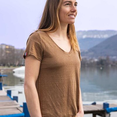L'Indispensable - Camiseta de lino marrón para mujer