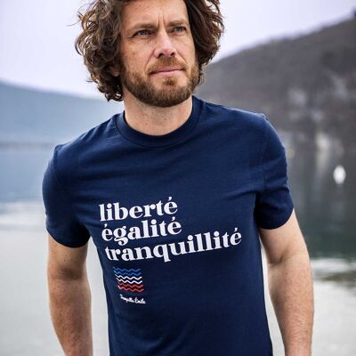 Le Français- T-shirt da uomo blu in cotone biologico
