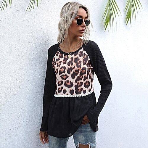 Women's Stitching Long Sleeve Leopard Print Round Neck T-Shirt