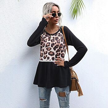 T-shirt col rond à manches longues et imprimé léopard pour femmes 3