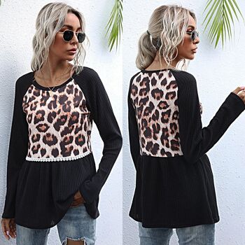 T-shirt col rond à manches longues et imprimé léopard pour femmes 5