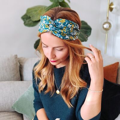 HEADBAND ALBA / duck and ocher flower print cotton